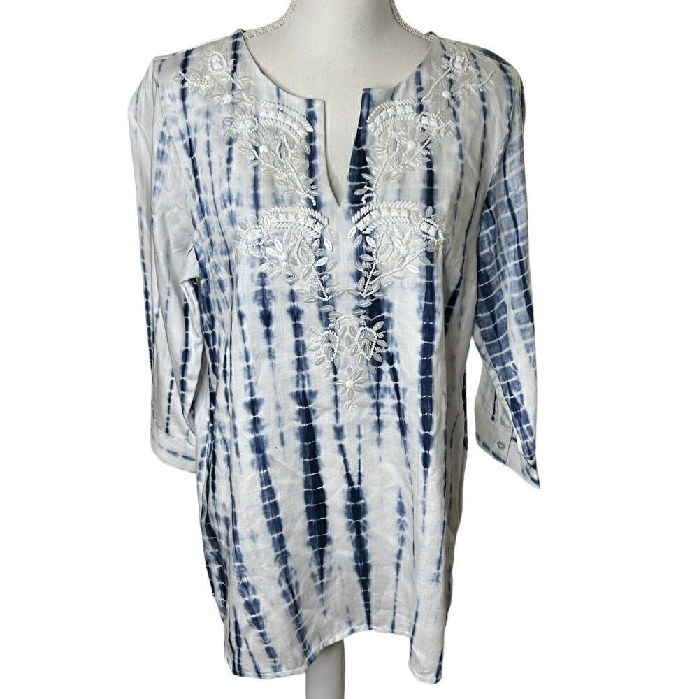 Soft Surroundings Blue White Tie Dye Beaded Key Hole 3/4 Length Sleeves Tunic M